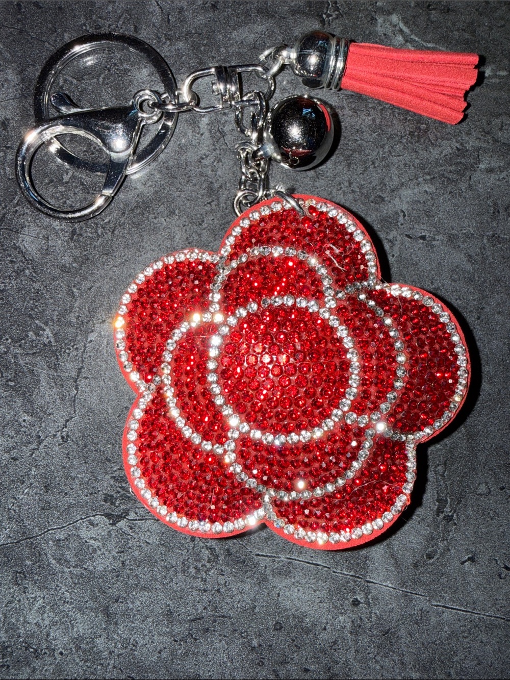 Red Crystal Flower Keychain with Tassel Accent